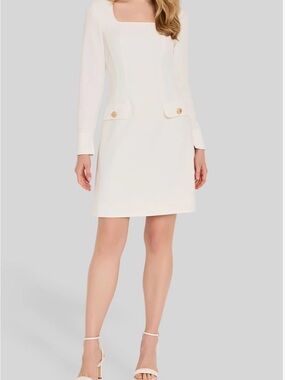 Tahari ASL White Long Sleeve Crepe Sheath Dress Petite 12P *Flaw